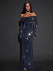 SHEIN BAE 女式纯黑色露肩长袖修身长裙，带水钻装饰，适合夜总会派对 - 黑色 - 查看 4