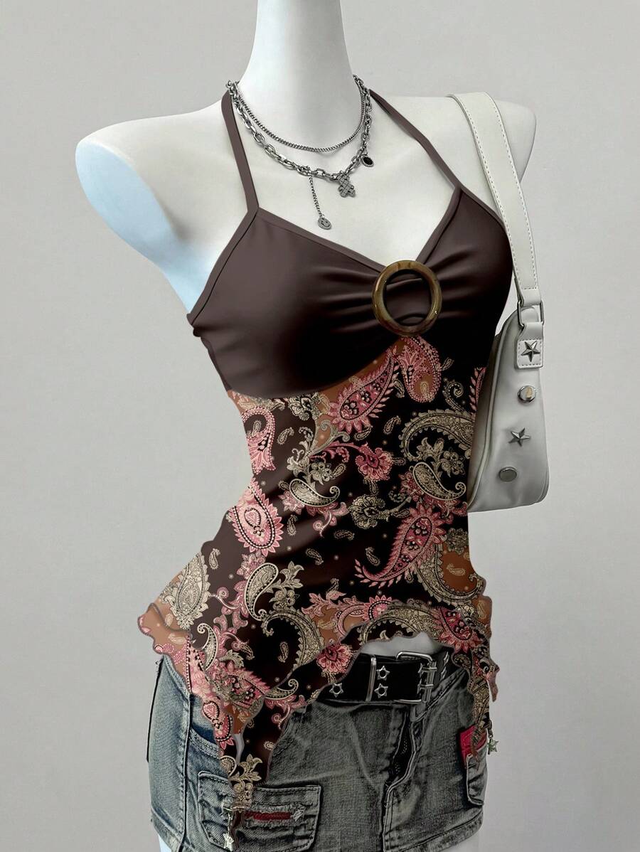 SHEIN EZwear 女式休闲复古褶皱胸围不对称下摆露背吊带背心，适合夏季、Y2K、复古、佩斯利印花 - 彩色 - 查看 1