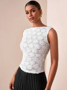 Zivah 2025年夏季新款性感白色蕾丝花卉3D提花修身短款背心，适合复活节、音乐节、日常穿着、派对、圣诞节、情人节、约会、海滩、游轮、狂欢节 - 白色 - 查看 3