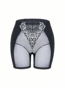 SHEIN 大码休闲系列蕾丝拼布网眼塑身裤 - 黑色 - 查看 7