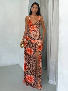 Glamine Vacay Vibes Floral Beach Graphic Print Leopard Floral Pattern Women Long Dress, Stretchy Jersey Fabric, Sexy Elegant Beach Sundress For Summer Holiday--Floral Pattern Random Fall Women Clothes Back To School Halloween