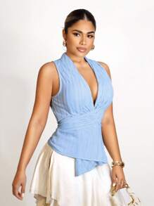 Sirith Minimalist Sleeveless Blouse 2025: Slim Fit Criss Cross V-Neck Top - Office To Outing Summer Wear - Baby Blue - View 7