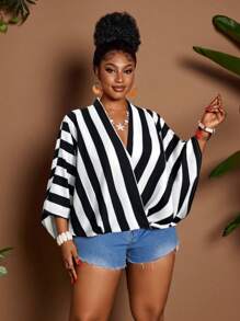 Maweii 大码条纹长袖裹身休闲宽松衬衫 - 黑與白 - 查看 6