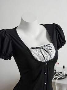 Elamini Black Vintage 2 In 1 Short Sleeve T-Shirt, Fashionable Spring/Summer