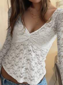Women's Lace Ruffle V-Neck Long Sleeve Fashionable Blouse Fall Cloth For Women