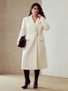 MOTF PREMIUM 大码羊毛时尚金属扣装饰翻领腰部收紧中长款混纺外套，秋冬 - 白色 - 查看 6