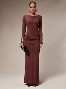 Silquee 女式纯色褶饰优雅长袖连衣裙