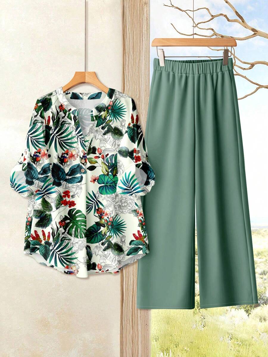 Rusticease 女士休闲树叶印花长袖两件套