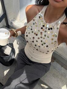 Siren Gaze 系带露背亮片针织上衣，亮片刺绣露背上衣，四季皆宜，Y2K 上衣，秋季女装 - 杏色 - 查看 3