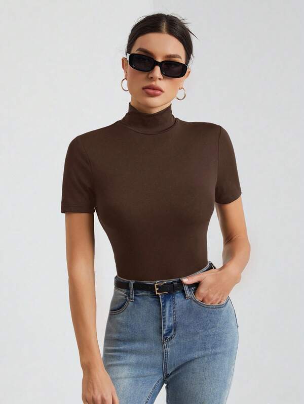 SHEIN Tall Women's Solid Color Basic Black Turtleneck Short-Sleeved T-Shirt, Tall Women