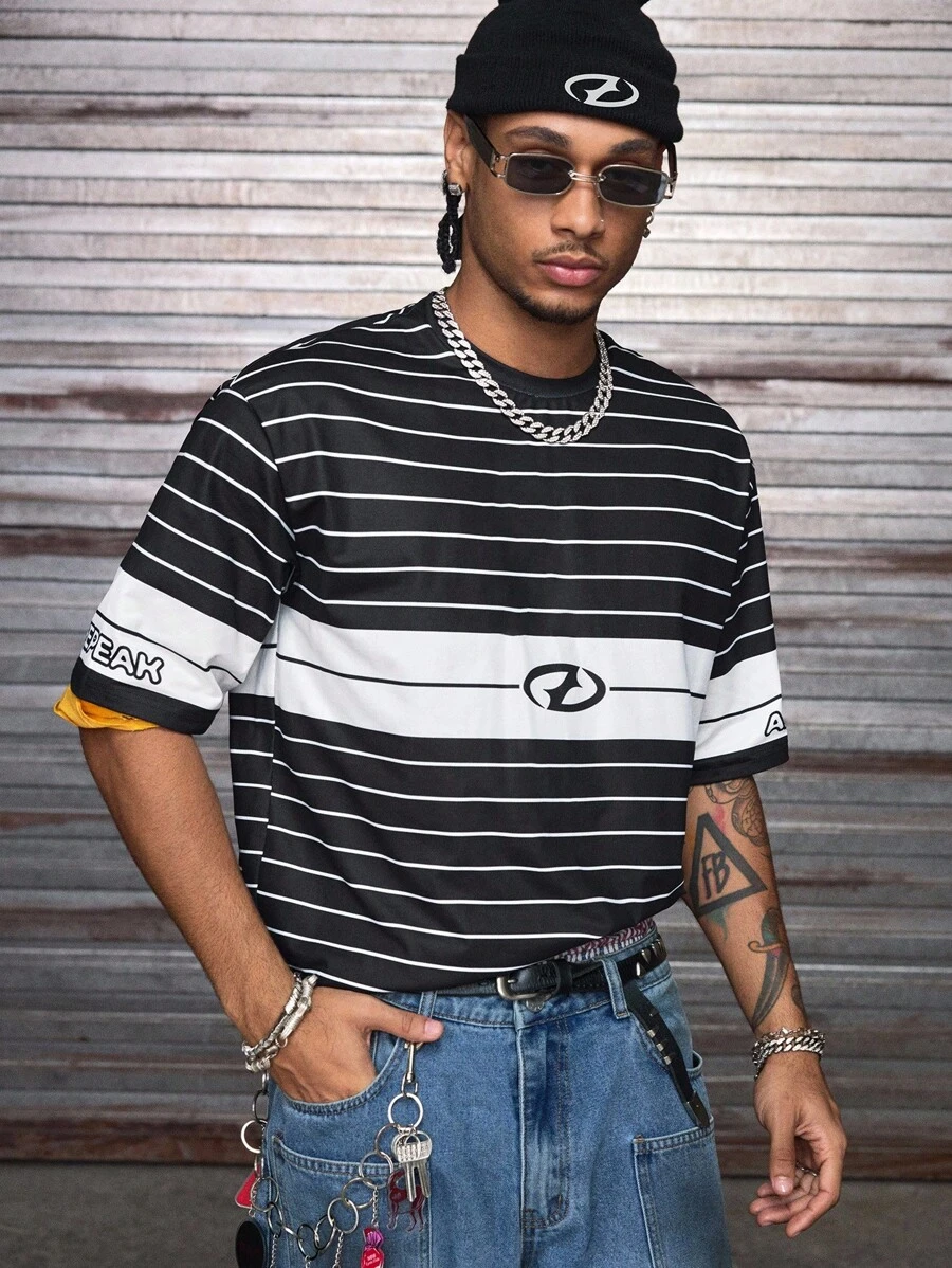 AXEPEAK 男士日常休闲时尚条纹上衣宽松圆领短袖T恤 - 黑色 - 查看 1