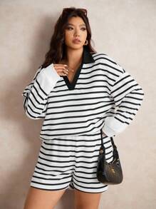 Elaquor Plus Size Striped Long Sleeve Top And Shorts 2 Pieces Set - Black - View 1