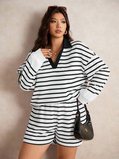 Elaquor Conjunto de 2 piezas de top de manga larga a rayas y shorts talla grande