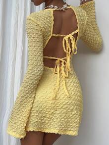 Sunnyshic Women's Vacation Casual Solid Color Textured Tie-Back Sleeveless Dress Yellow Dress Fall Cloth For Women - Yellow - View 2