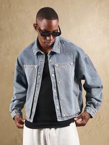 SUMWON Áo khoác denim Carpenter Trucker có túi vá phía trước, dáng rộng, cổ điển, thời trang đường phố, nhẹ, phong cách xuân thu - Màu xanh lam - Xem 7