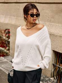 Easura Suéter midi de cuello en V con trenzado de punto, de manga larga, talla grande, cómodo para el transporte