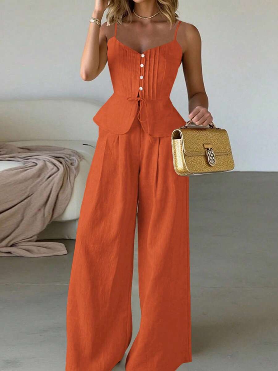 SHEIN Holidaya Bộ 2 món/Bộ đồ vải lanh đơn giản ôm vừa vặn & quần ống rộng - trái cam - Xem 1