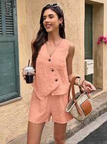 Selianne Conjunto de 2 piezas informal de chaleco y shorts de unicolor para mujer, para verano - Naranja Coral - Ver 3