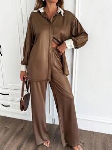 EURMUSE 2pcs/Set Women Rhinestone Collar Detailed Elegant Loose Long Sleeve Shirt And Wide Leg Pants Brown Elegant Suit - Brown - View 3
