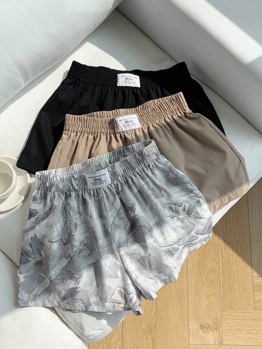 Comfortcana 3件套女士休闲纯色印花短裤 - 卡其色 - 查看 1