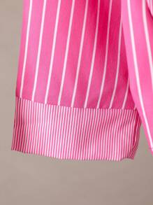 SHEIN Explorewe 2件套年轻女孩休闲条纹印花长袖开衫衬衫+玫红色披肩，秋冬 - 玫紅色 - 查看 4