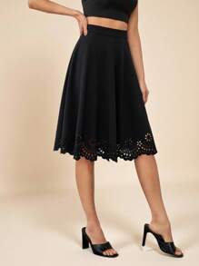 Amorya Scallop Laser Cut Hem Skirt Fall/Winter Women Clothes Back To School Modest Vintage Old Money Teacher Outfits For Women Airport Business Casual Woman Night Out Teacher Outfits For Women Church Outfits Women - Black - View 3