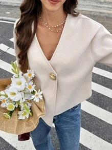 Serisse Women's Fashion Asymmetrical Hem V-Neck Woolen Coat In Fall/Winter - Apricot - View 3