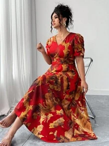 Elenzga 大码女式优雅 V 领褶饰腰部中长连衣裙，夏季 - 紅色 - 查看 5