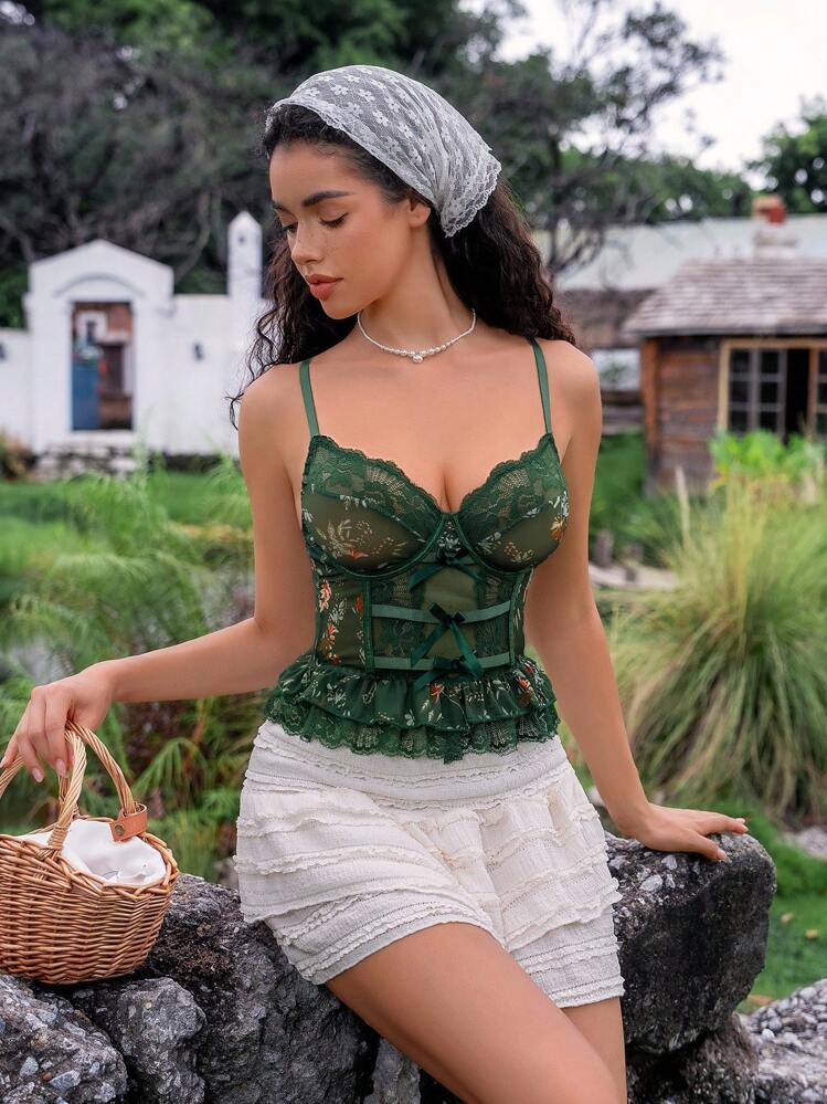 SHEIN 1 قطعة حمالة صدر نسائية مثيرة مطبوعة بتداخل الشبك والدانتيل مع سلك داخلي، للخروج - أخضر داكن - مشاهدة 6