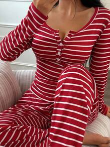 SHEIN Women's Front Button Casual Striped Print Long Sleeve Red And White Striped Top & Pants Pajama Set, Fall Winter Clothes Cozy And Elegant Details