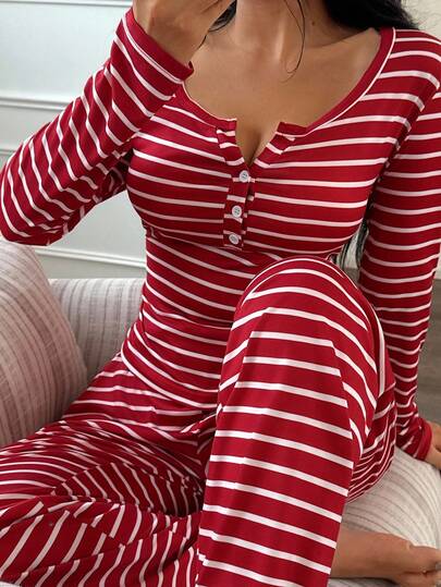 Dream Adore Front Button Gestreepte Print Long Sleeve Rood Wit Top Pants Pajama Set, Fall Clothes Cozy Elegante view 6