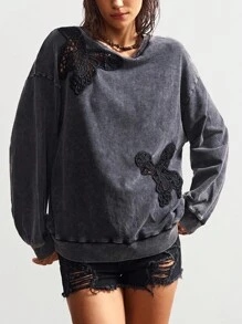 Bohemela 秋冬波西米亚风休闲纯色针织圆领宽松水洗女式运动衫 - 黑色 - 查看 4