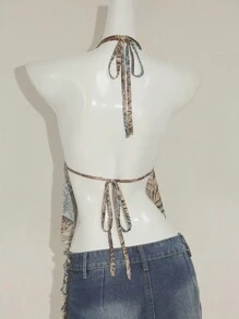 SHEIN ICON 复古豹纹露背挂脖无袖上衣，侧开衩下摆