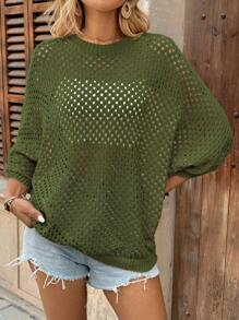 Breezaya 女款休闲宽松蝙蝠袖镂空针织衫，杏色，春秋 - 軍綠色 - 查看 5