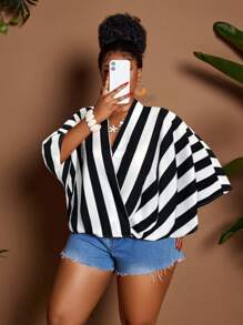 Maweii 大码条纹长袖裹身休闲宽松衬衫 - 黑與白 - 查看 3