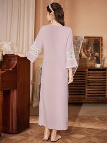 PalaceNights 优雅粉色长款睡裙，蕾丝边饰V领设计，女士睡衣连衣裙，秋冬款 - 粉色 - 查看 2