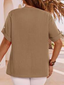 EMERY ROSE 大码夏季简约纯色纹理缺角领短袖宽松束腰上衣衬衫，夏季假期，女士度假，简约时尚日常穿着，度假风，春假，休闲春装，波西米亚风，外出，2025新款，秋季女士，舒适透气 - 棕色 - 查看 2