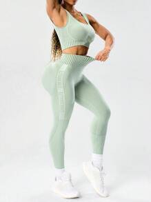 Seamluxe SHEIN Sport Conjunto Esportivo Feminino com Regata Verde Sem Costura de Gola Redonda e Calça com Cintura Elástica, Conjunto Atlético para Academia e Exercícios