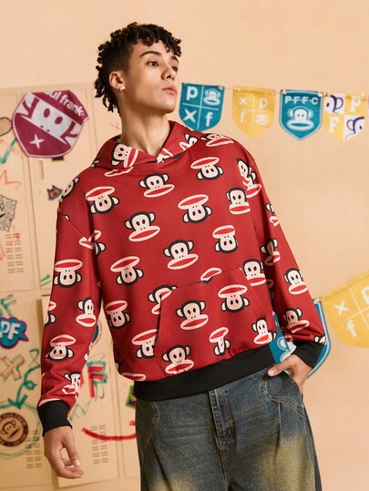 Paul Frank X SHEIN Men's Cartoon Graphic Kangaroo Pocket Long Sleeve Hoodie