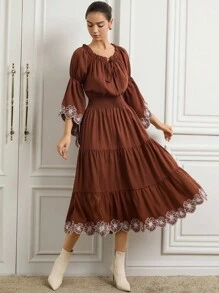Zanirela Autumn/Winter New Women's Off Shoulder Sleeve Floral Contrast Color Embroidery Ruffle Hem Long Sleeve Vintage Layered Flared Waist Maxi Dress - Brown - View 5