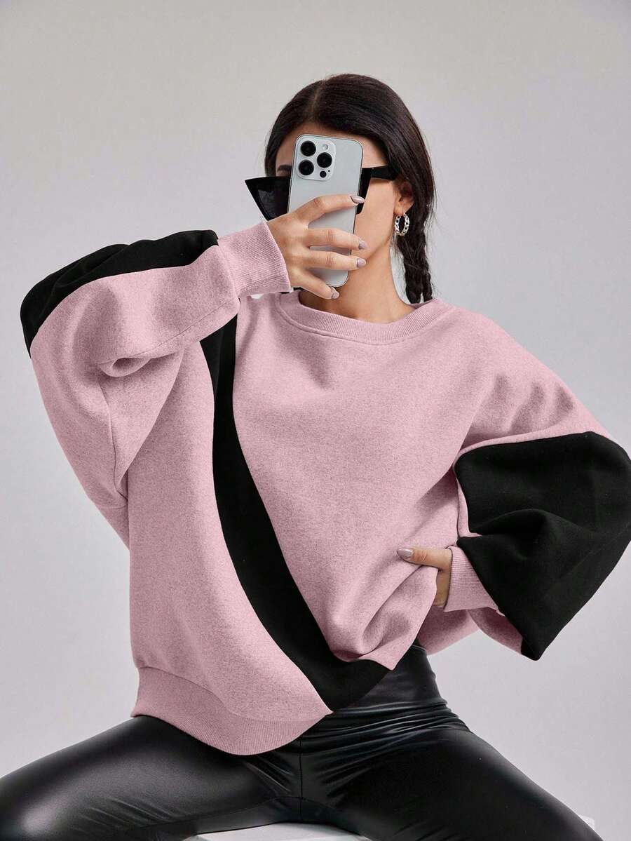 EURMUSE Cotton Colorblock Drop Shoulder Sweatshirt - Baby Pink - View 1