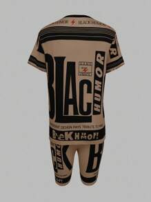 INAWLY 2 Stücke/Set Damen Sommer Buchstaben Muster Rundhals Kurzarm T-Shirt und Shorts Lässig Outfit