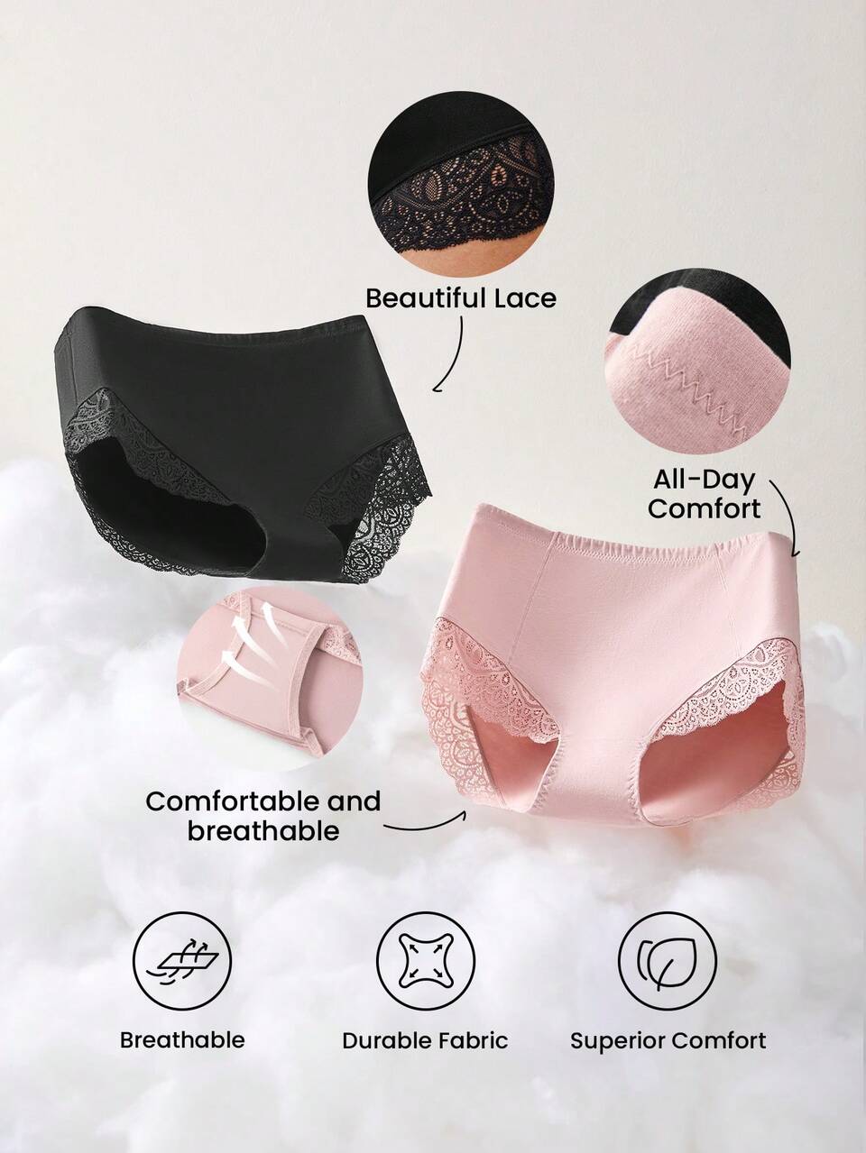 Plus 2-Pack High-Waist Lace Trim Briefs