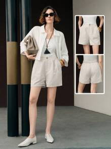 Uhlyne 女士高腰条纹休闲短裤，夏季 - 灰色 - 查看 1