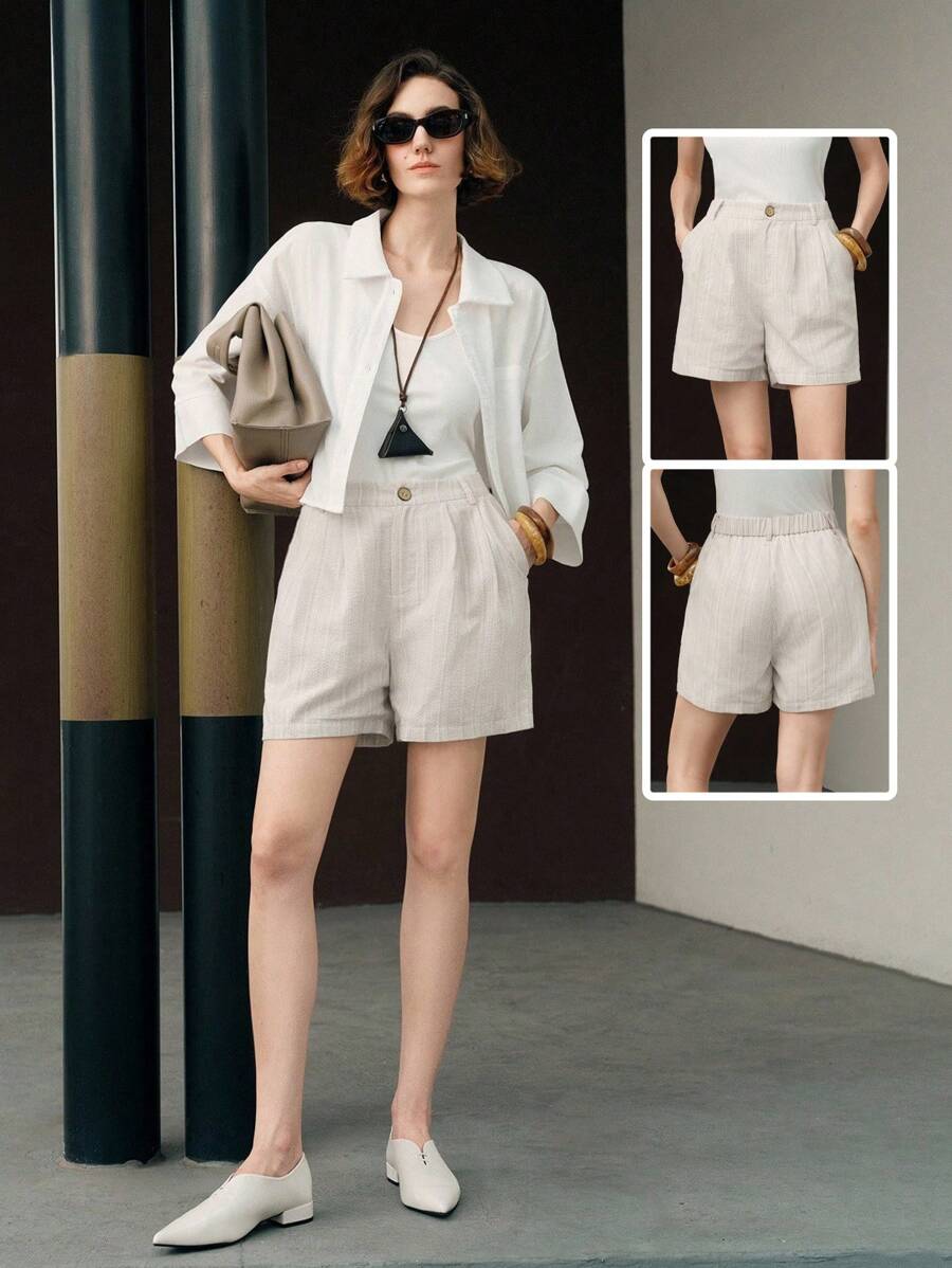 Uhlyne 女士高腰条纹休闲短裤，夏季 - 灰色 - 查看 1