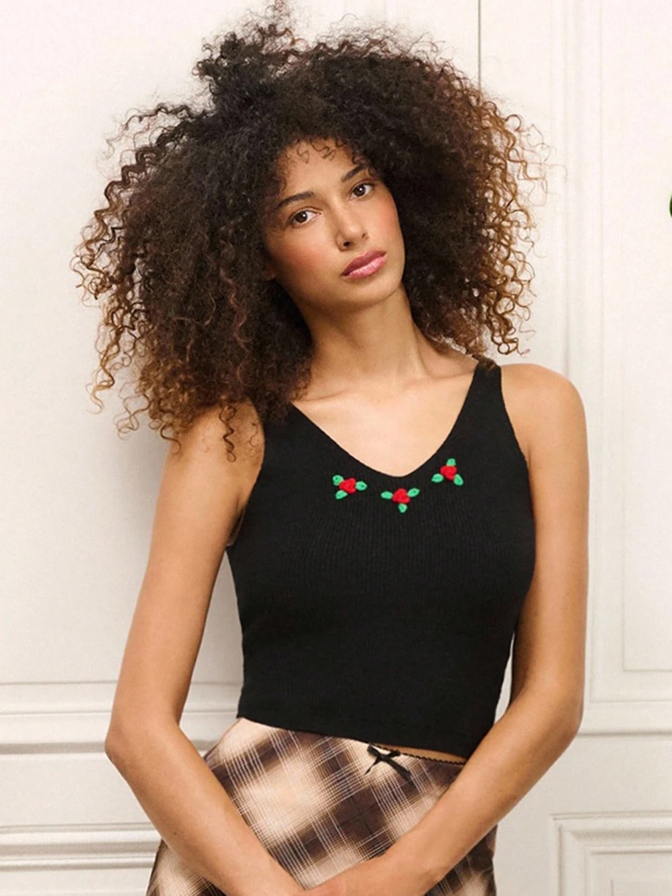 Black Ribbed Knit Tank Top With Rose Embroidery Homecoming Top Vacation Top Chic Top Spring Top Fall Women Clothes Spring Summer