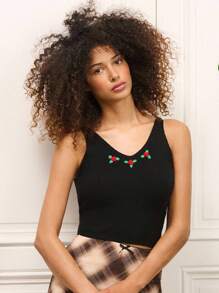 lacRébo Top de punto acanalado negro con bordado de rosa, top para regreso a clases, top de vacaciones, top de otoño, ropa de mujer de otoño e invierno - Negro - Ver 2