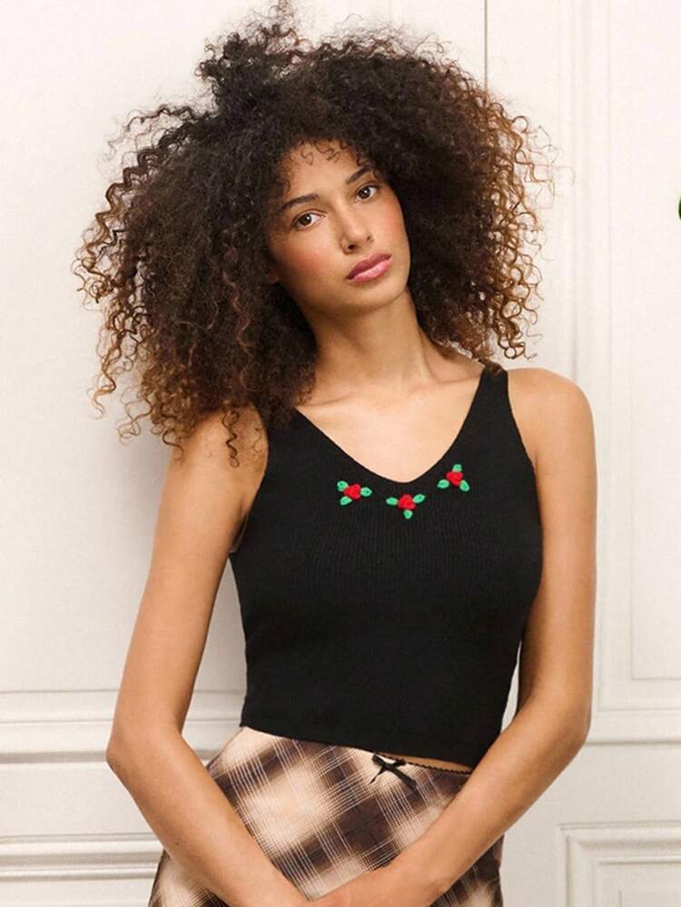 Black Ribbed Knit Tank Top With Rose Embroidery Homecoming Top Vacation Top Chic Top Spring Top Fall Women Clothes Spring Summer