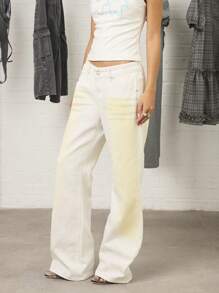 COUREZ Low Rise Flared Jeans In White And Yellow Wash /Y2K  Clothes Women Streetwear Going Out Outfits - White - View 2