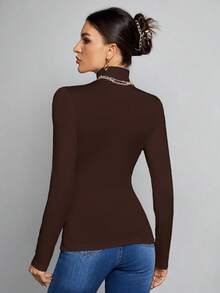 SHEIN Tall 簡單純色修身高領棕色上衣，適合秋冬，高個女性穿著 - 棕色 - 查看 2